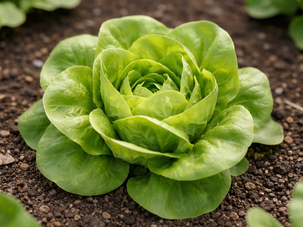Butter lettuce rosette cupping inward as leaves overlap, showing loose head growth in a garden bed.