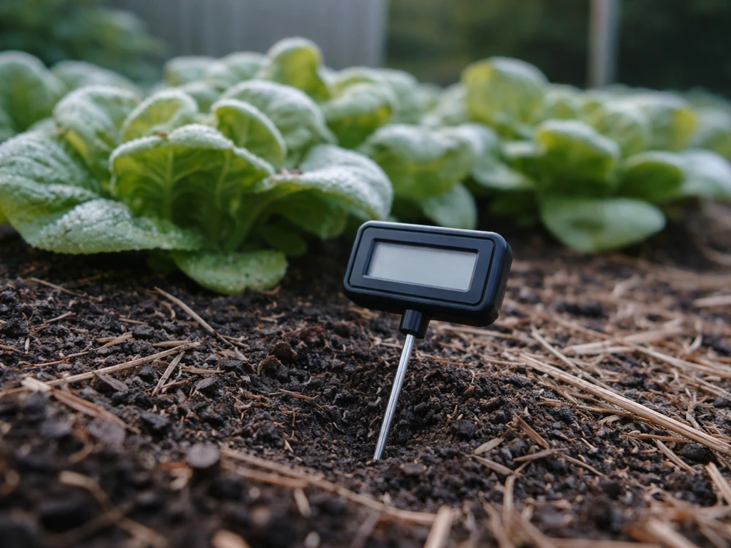 Outdoor thermometer placed by a butter lettuce bed in cool morning light, frosty leaves nearby.