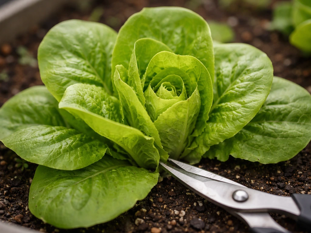 Close-up of butter lettuce with the center rising, showing an early cut of fresh tender leaves.