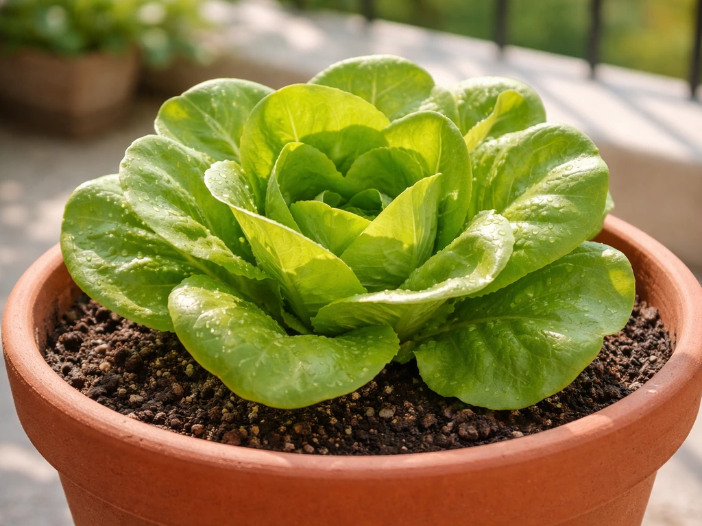 Lush butter lettuce growing in a container on a sunny patio, ready to harvest.