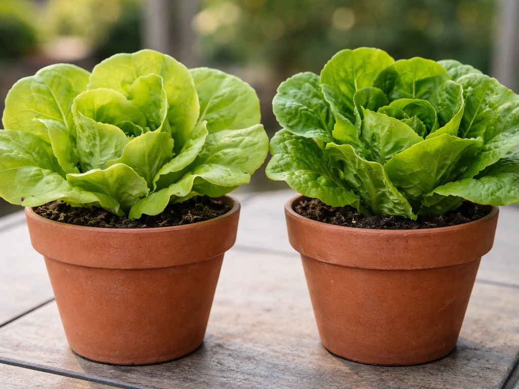 Two potted lettuce varieties side by side showing loose soft butter lettuce versus slightly firmer buttercrunch leaves.