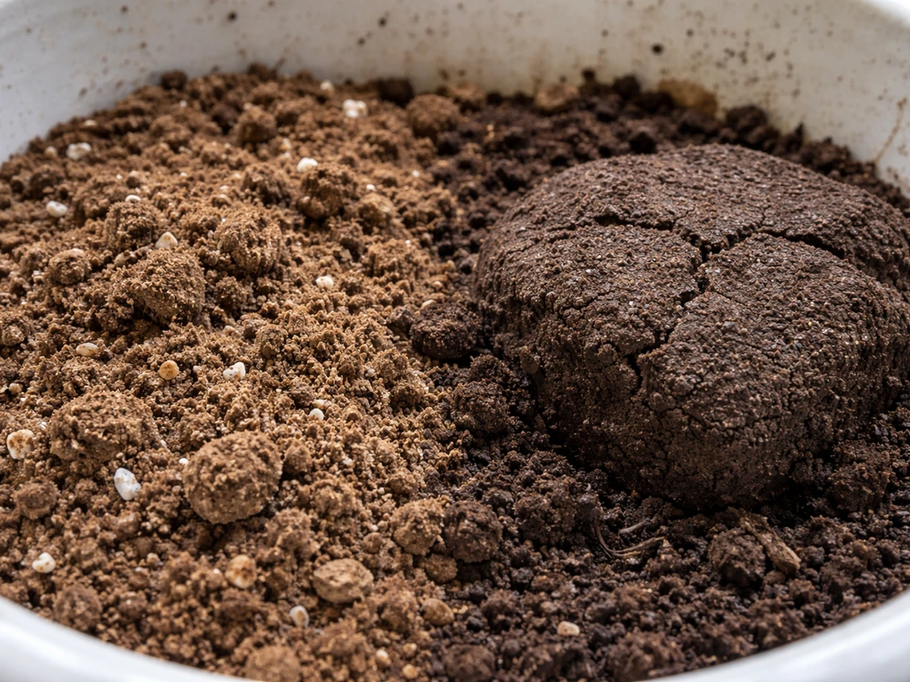 Close-up of fluffy potting mix beside a compacted soil clump, showing texture contrast for drainage