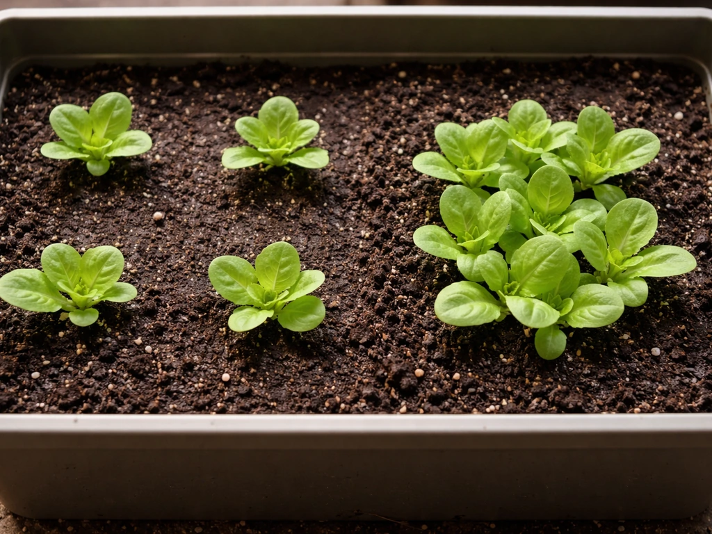 Lettuce seedlings in a container showing spaced plants and a separate crowded patch