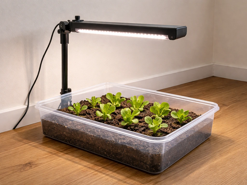 Grow light hanging above young butter lettuce seedlings in a clear container indoors.