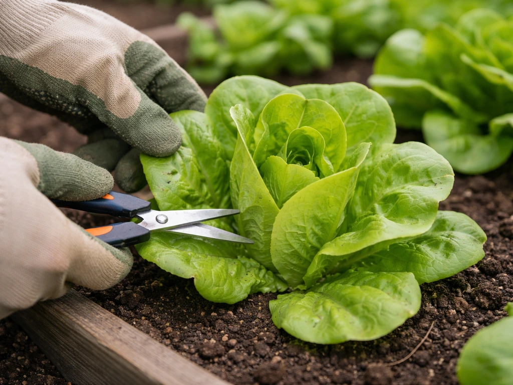 Hands using scissors to cut outer buttercrunch leaves, inner crown left growing in a small garden bed.