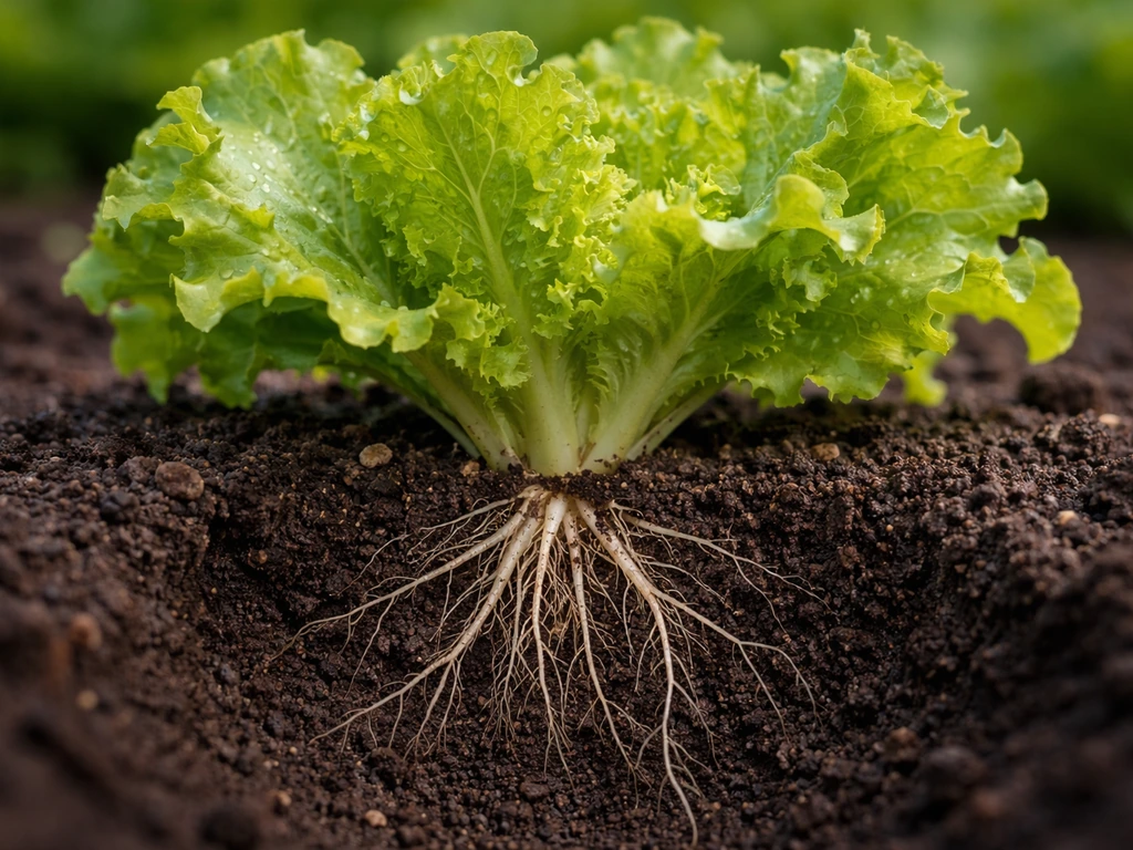 Macro of one lettuce plant showing leaves above soil and roots/crown below soil surface.