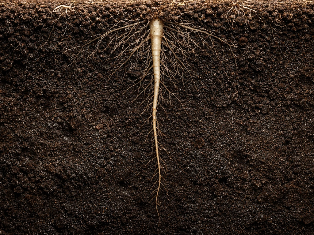 Soil cross-section with a lettuce taproot growing deep and feeder roots concentrated near the surface.