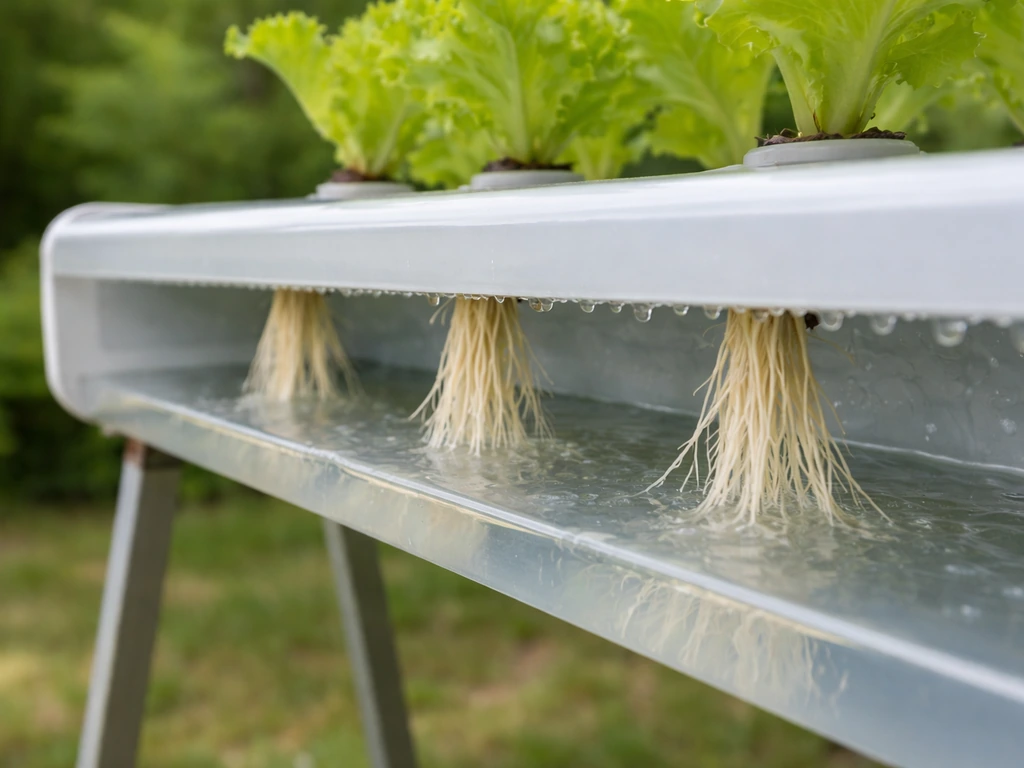 Lettuce roots suspended in an outdoor NFT nutrient channel with no soil present.