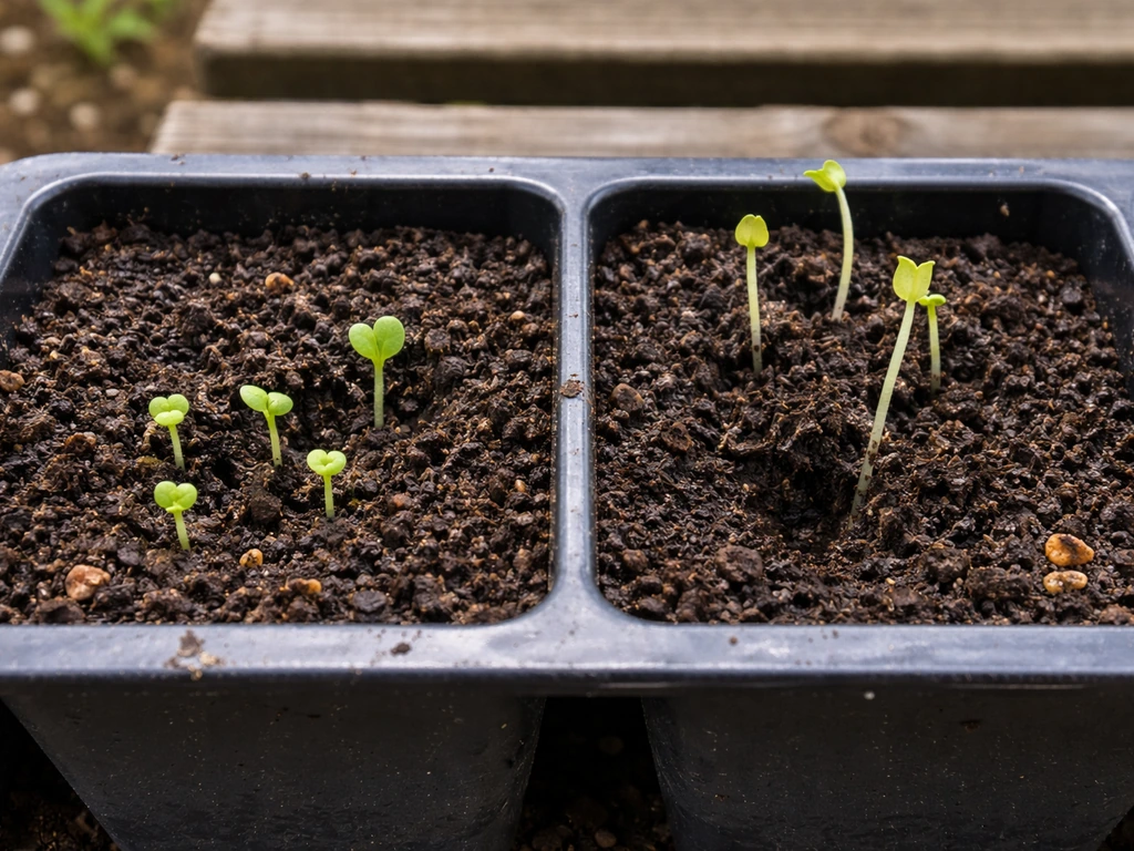 Close-up of lettuce seedlings: one shallow-sown with tiny sprouts and one too-deep with weak, pale growth.