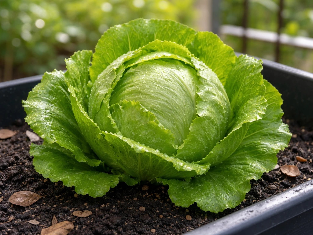 Crisp iceberg lettuce forming a tight head in a small home container garden with fresh green leaves.