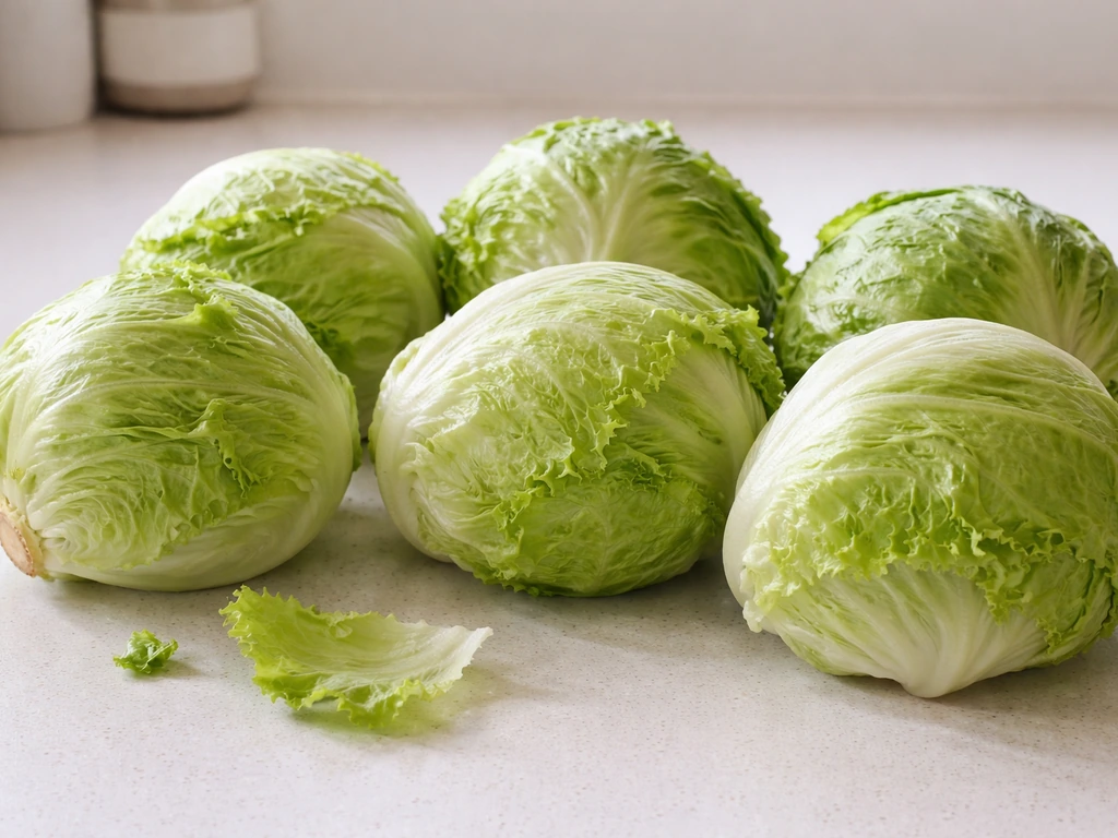 Assorted iceberg lettuce heads arranged on a simple kitchen counter, fresh and crisp in soft natural light.