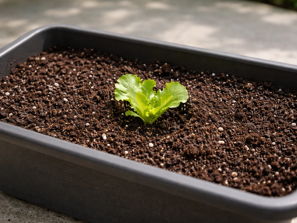 Close-up of a correctly sized deep pot with loose soil and a small seedling spaced properly.