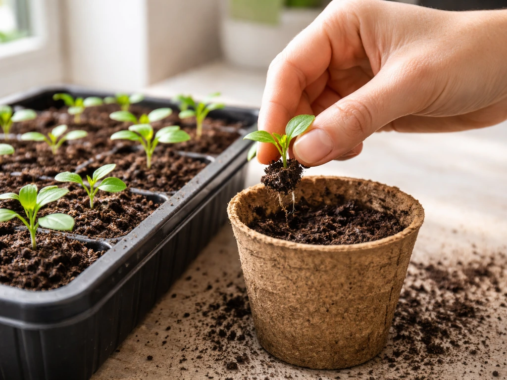 Hand transplanting young seedlings from a seed tray into a larger pot with soil and seeds visible
