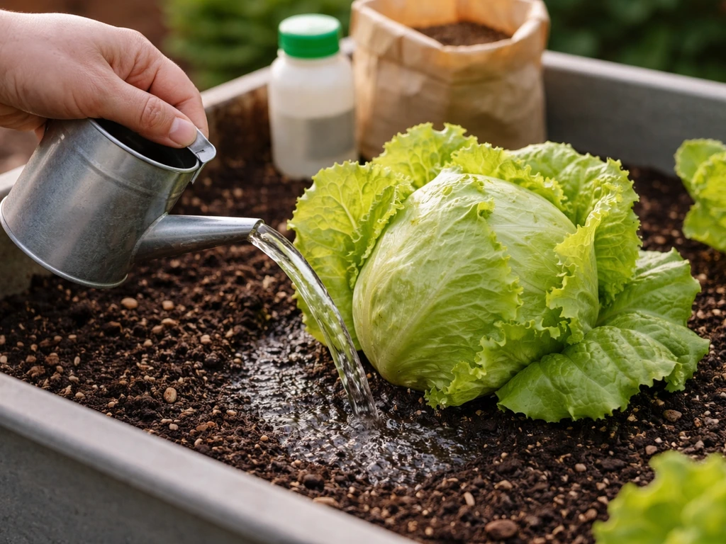 Hand waters iceberg lettuce at the base, evenly moist soil with compost and a fertilizer container nearby.