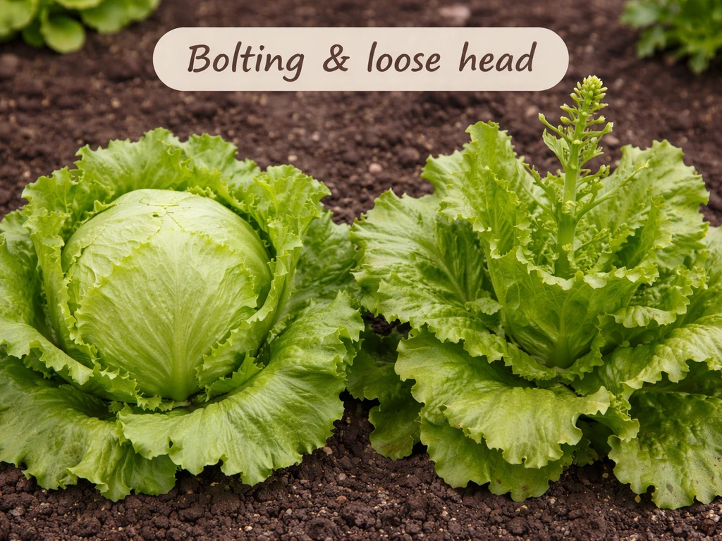 Two iceberg lettuce heads side-by-side: one tightly formed and one bolting with loose leaves.