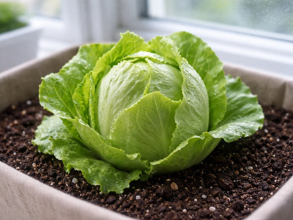 Crisp iceberg lettuce head thriving in an indoor container garden with cool, fresh lighting.