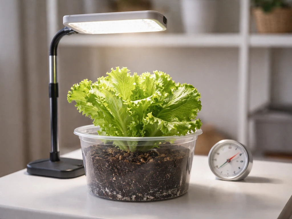 Close-up of indoor iceberg lettuce in soil under a glowing grow light with a thermometer nearby.