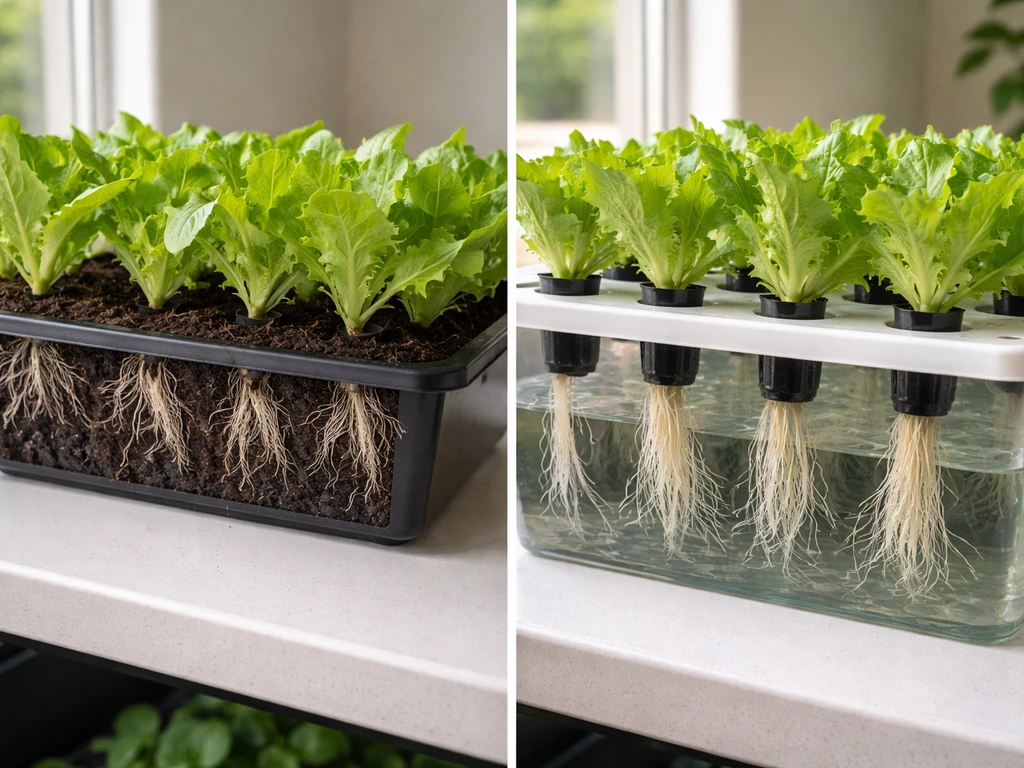 Side-by-side trays showing soil-grown iceberg lettuce roots vs hydroponic lettuce roots in water.