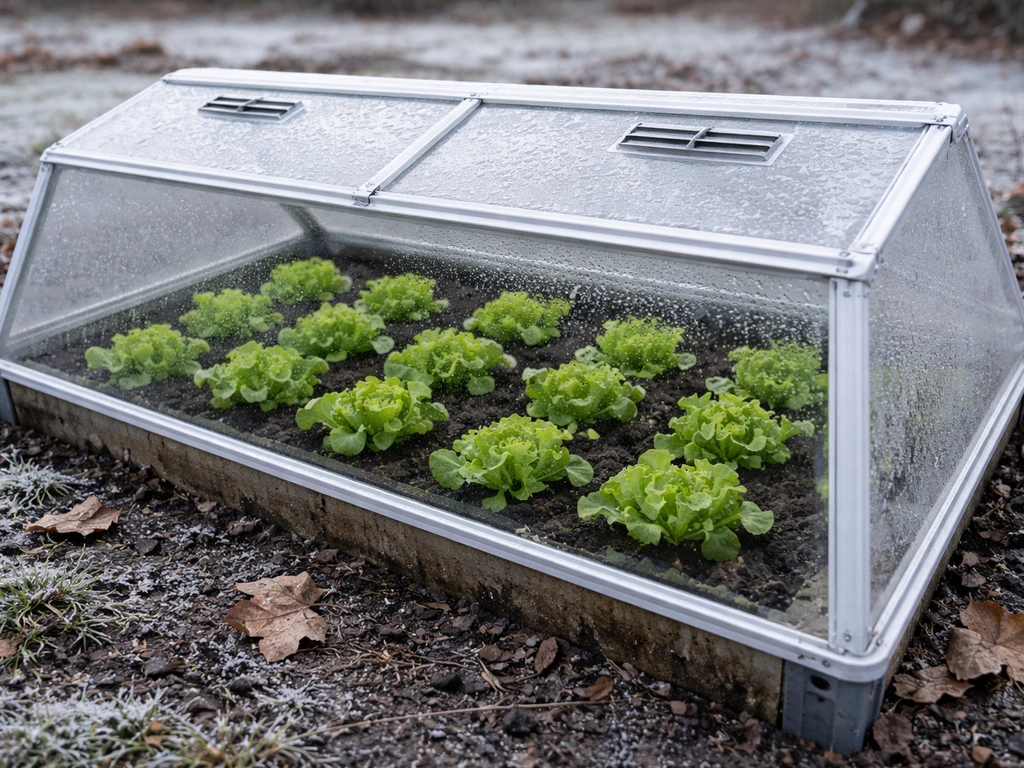Green iceberg lettuce seedlings thriving under a clear cold frame in frosty winter light.