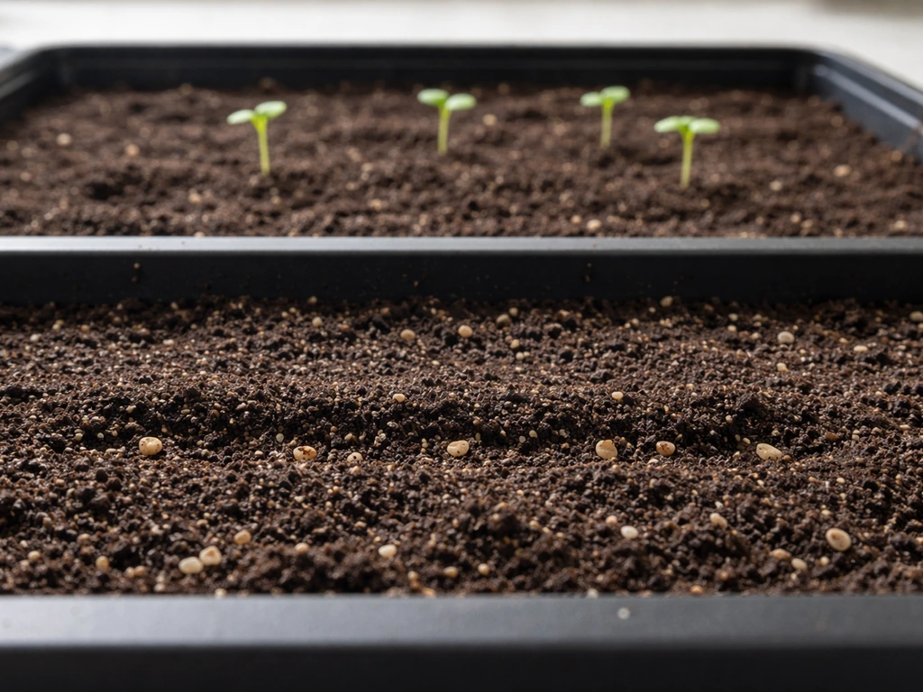 Seed tray with shallowly covered seeds and a few tiny seedlings emerging, spaced apart.