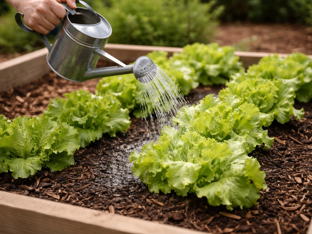 Hands watering iceberg lettuce in a garden bed with a watering can, soaking soil near roots.