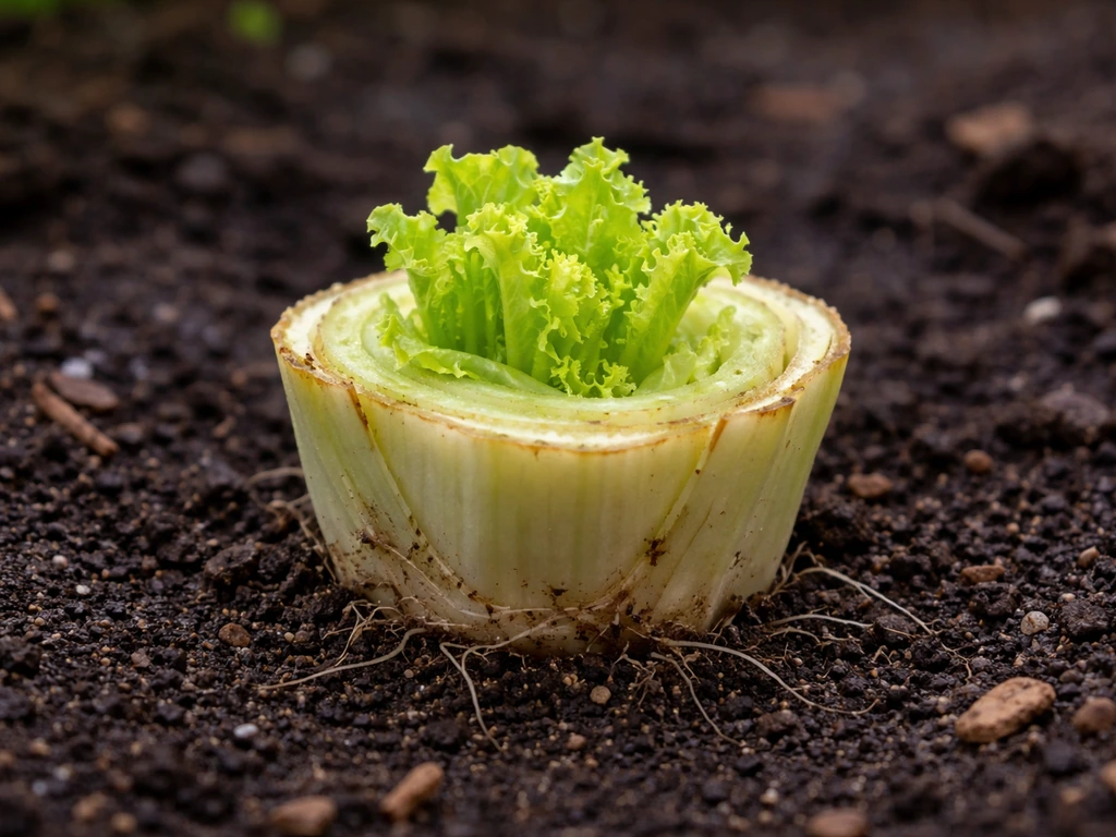 Iceberg lettuce stump in soil with tiny fresh shoots regrowing from the center.