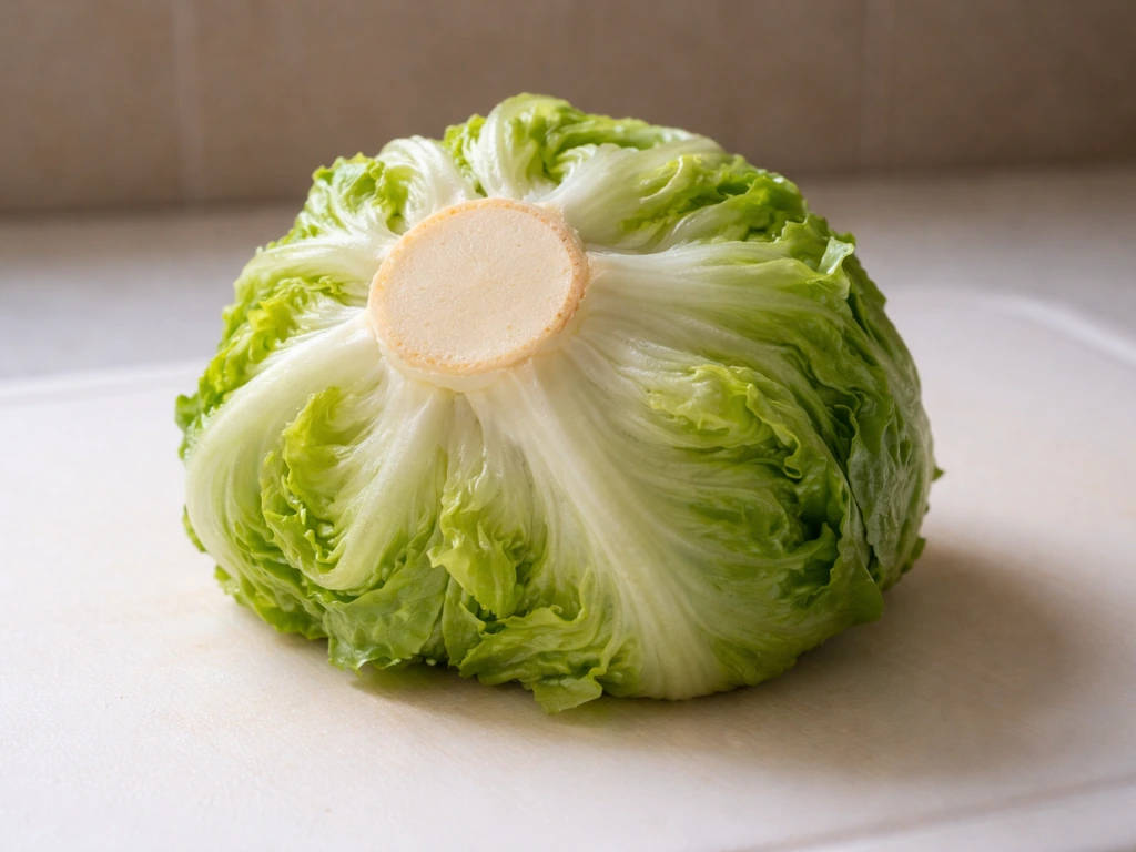 Close-up of an iceberg lettuce stump with a firm pale basal plate ready to regrow on a cutting board.