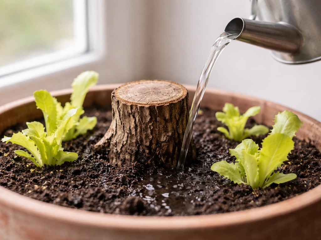Stump with lettuce seedlings near a bright window as water is gently poured onto the soil