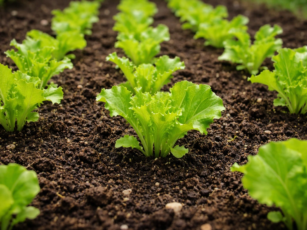 Lush green lettuce seedlings sprouting in rows from soil beds, fresh garden texture.