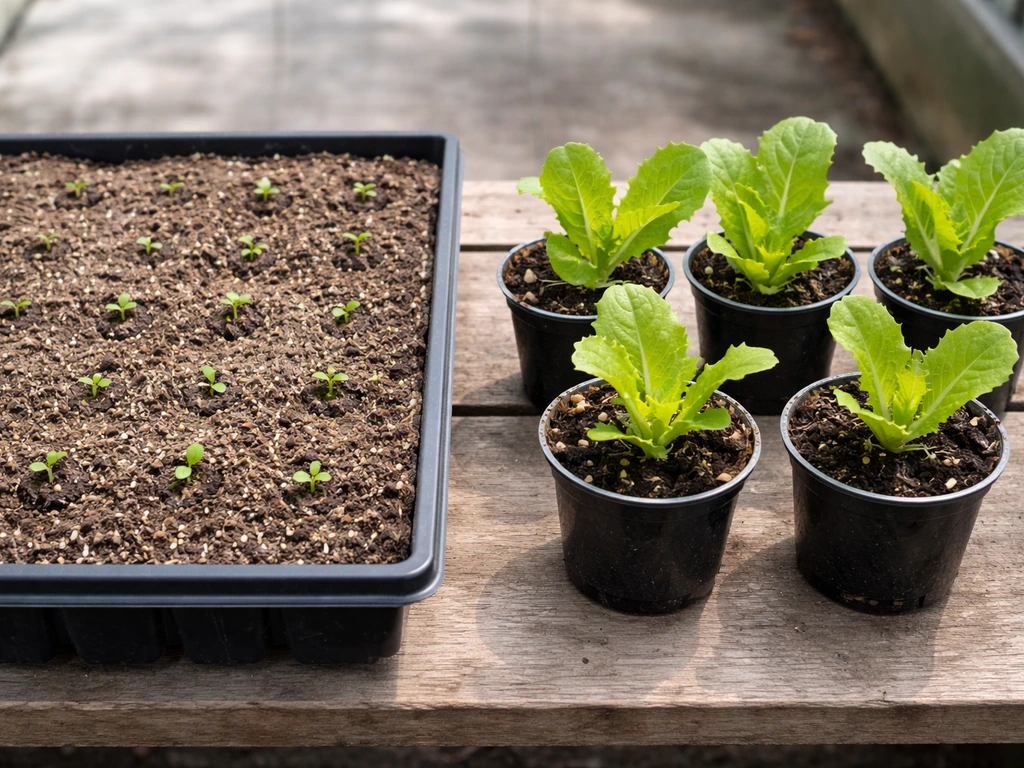 Two neat rows showing lettuce starting from seeds and from small transplants in separate containers.