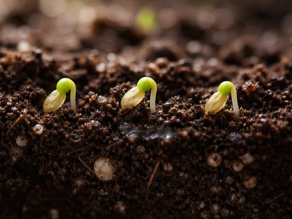 Macro view of lettuce seeds sprouting in moist soil with visible depth and tiny green sprouts.