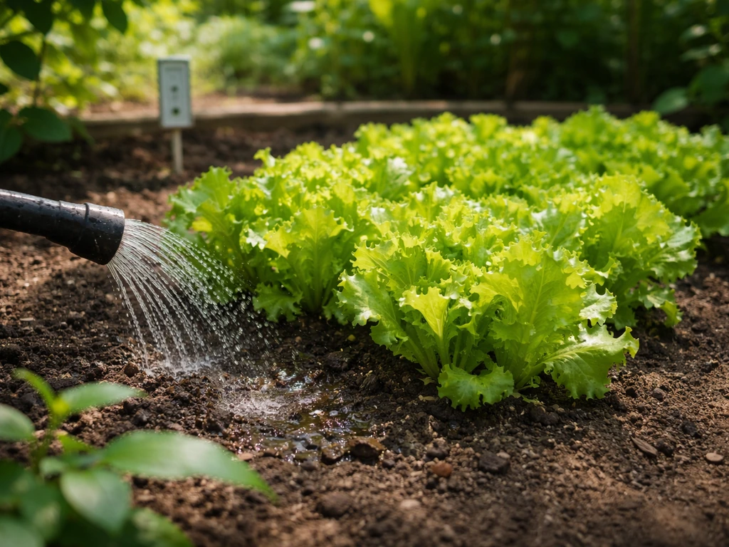 Young lettuce growing in partial shade with moist soil and a soaker hose watering the plants.