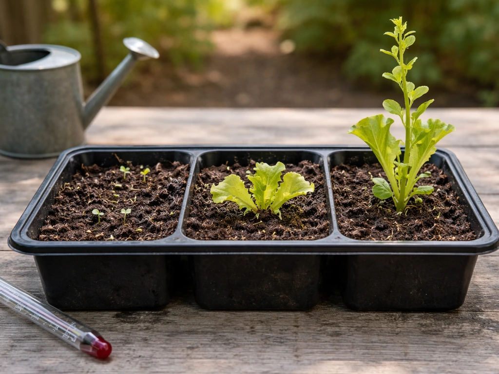 Seed tray showing poor germination, yellowing seedlings, and bolting lettuce under natural light.