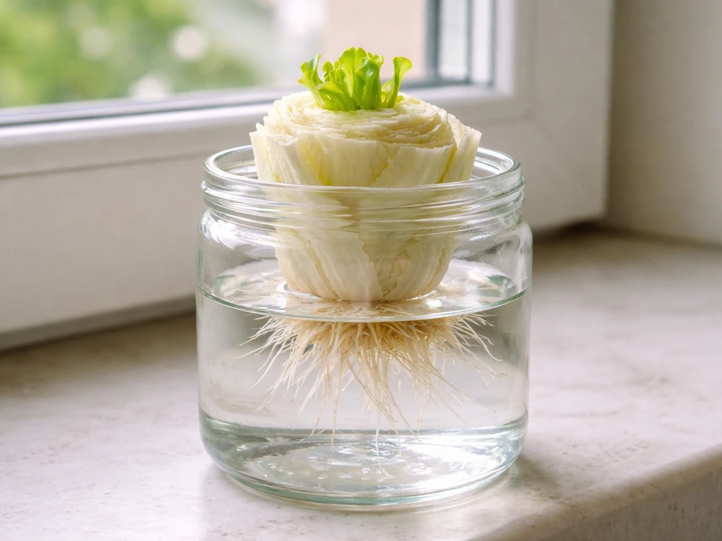 Cut iceberg lettuce core in a small jar with fresh water roots and tiny new leaves sprouting