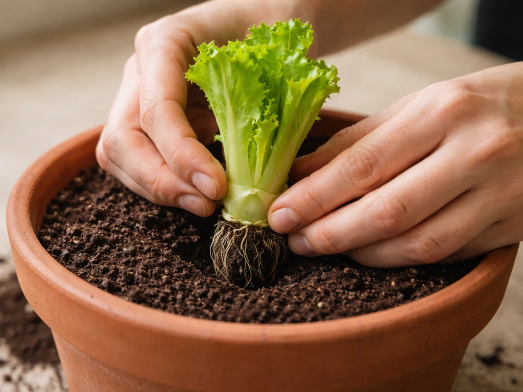 Hands placing an iceberg lettuce plant core into a potting mix bed, base just below the soil.