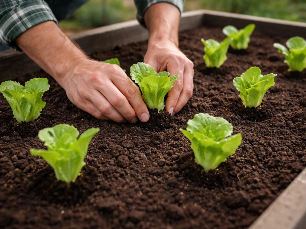 Multiple lettuce cores transplanted at correct depth in soil, new growth upright and spaced in rows.