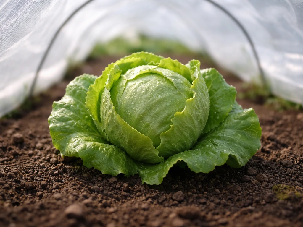 Close-up of an iceberg lettuce with a tight head in a bright, cool greenhouse bed with even moisture.