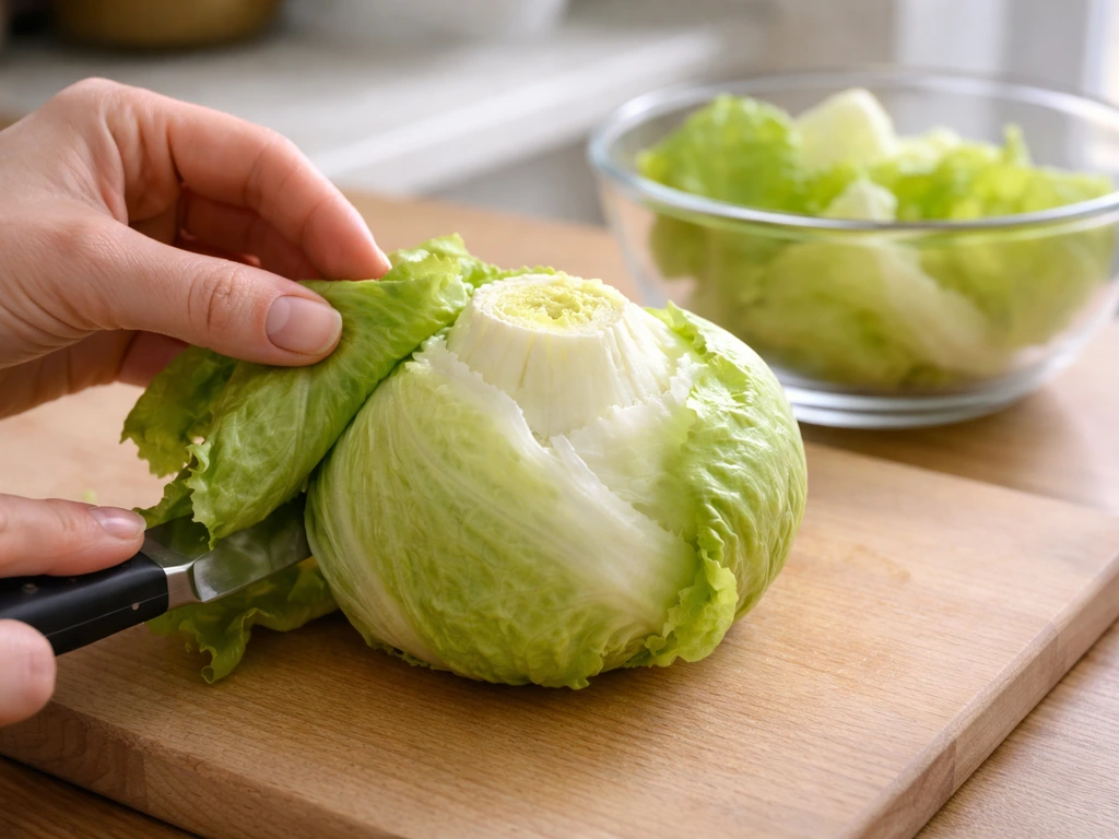 Hand harvesting outer iceberg lettuce leaves, leaving the center to regrow in a simple kitchen setting