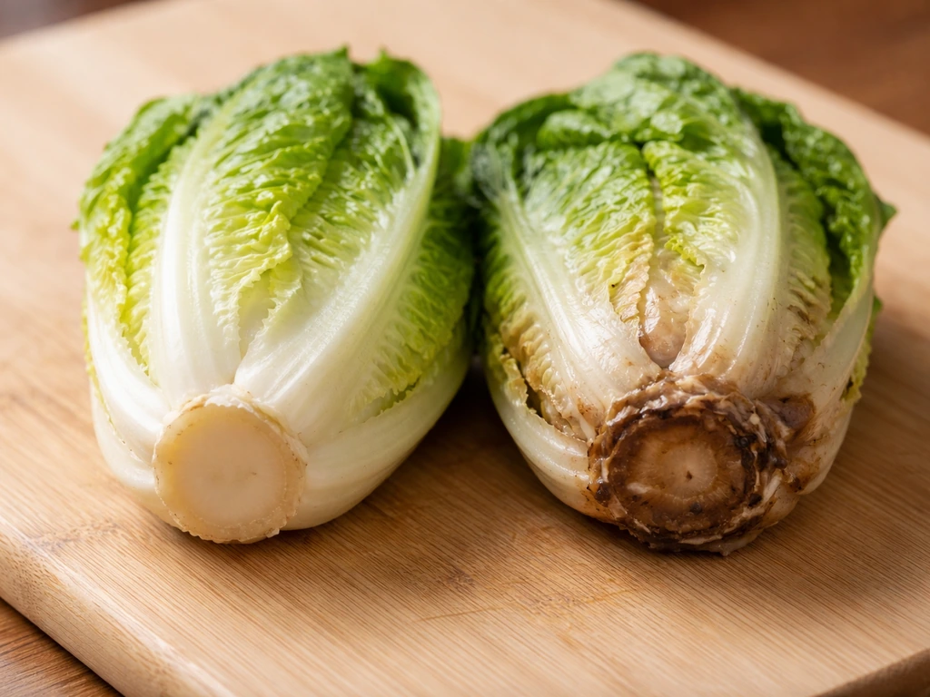 Two romaine cores on a cutting board: one firm pale-green, one slimy brown and soft.