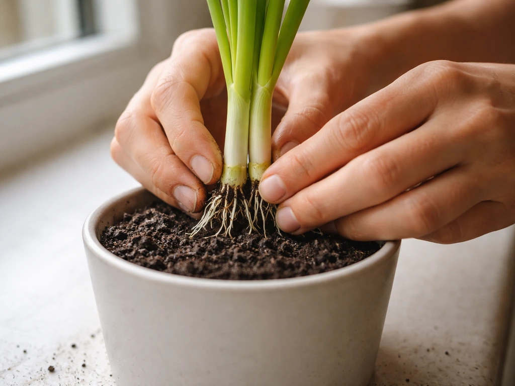 Hands placing a rooted plant core into a small container with fresh potting soil, new shoots emerging.