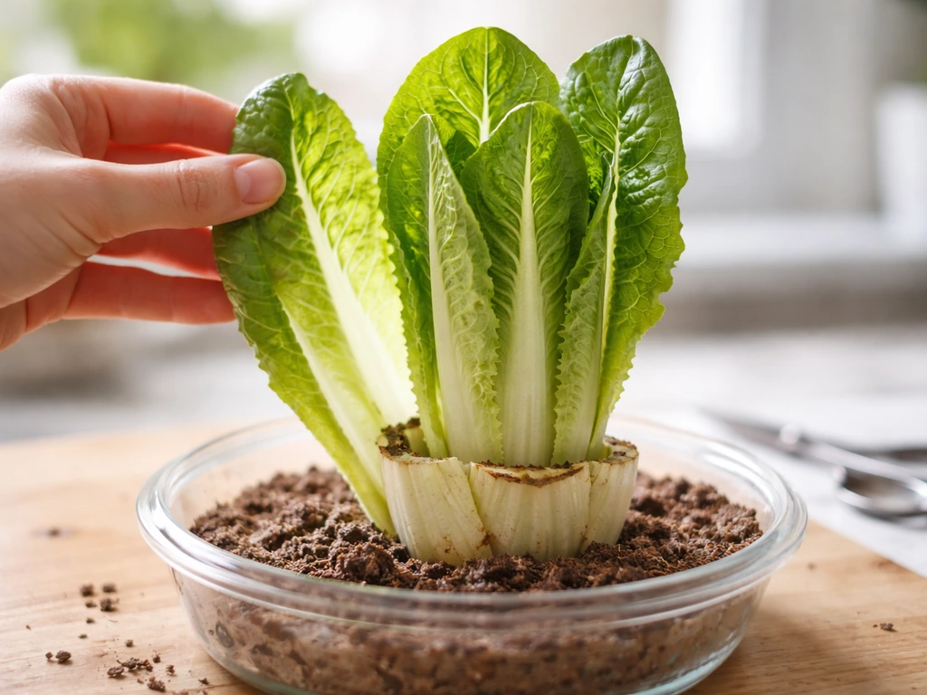 Romaine regrowth in a simple kitchen setup, outer leaves snipped while inner leaves stay intact