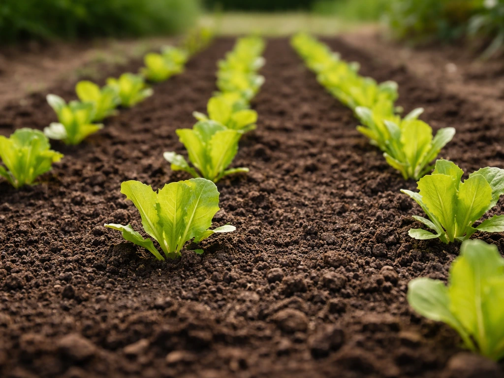 Fresh young lettuce plants growing in neat outdoor rows from seeds in a garden bed.