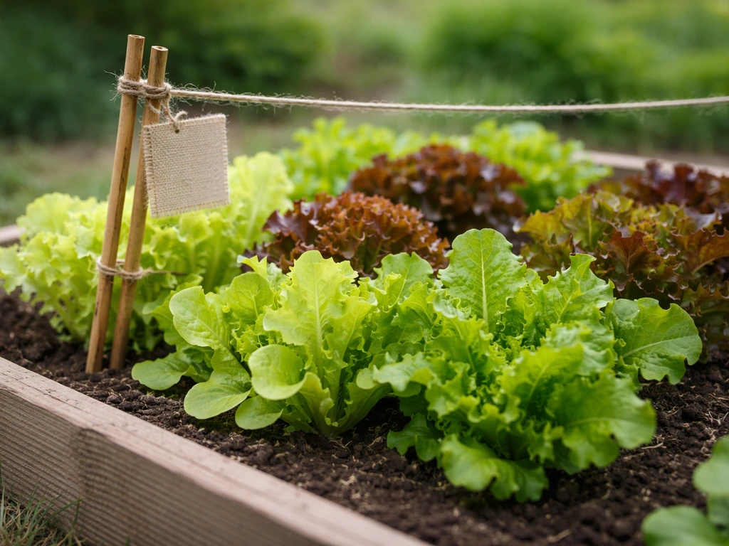 Loose-leaf lettuce seedlings in a small outdoor raised bed with a simple seasonal gardening cue