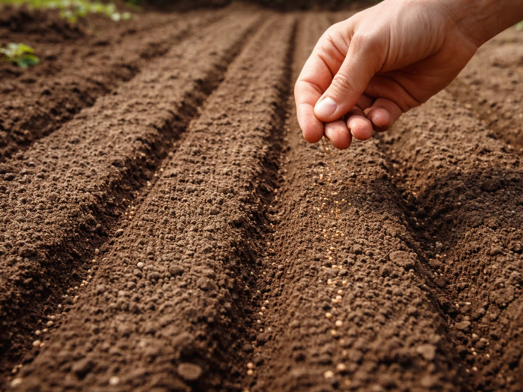 Gardener’s hand sprinkling thin lettuce seeds into shallow, rake-smooth outdoor soil rows.