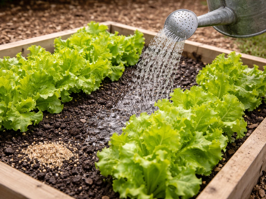 Watering a lettuce bed with a watering can while granular fertilizer is lightly applied to soil.