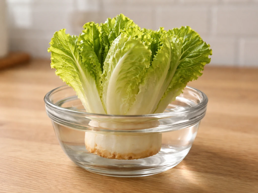 Fresh lettuce crown sitting in shallow water in a small bowl on a kitchen counter
