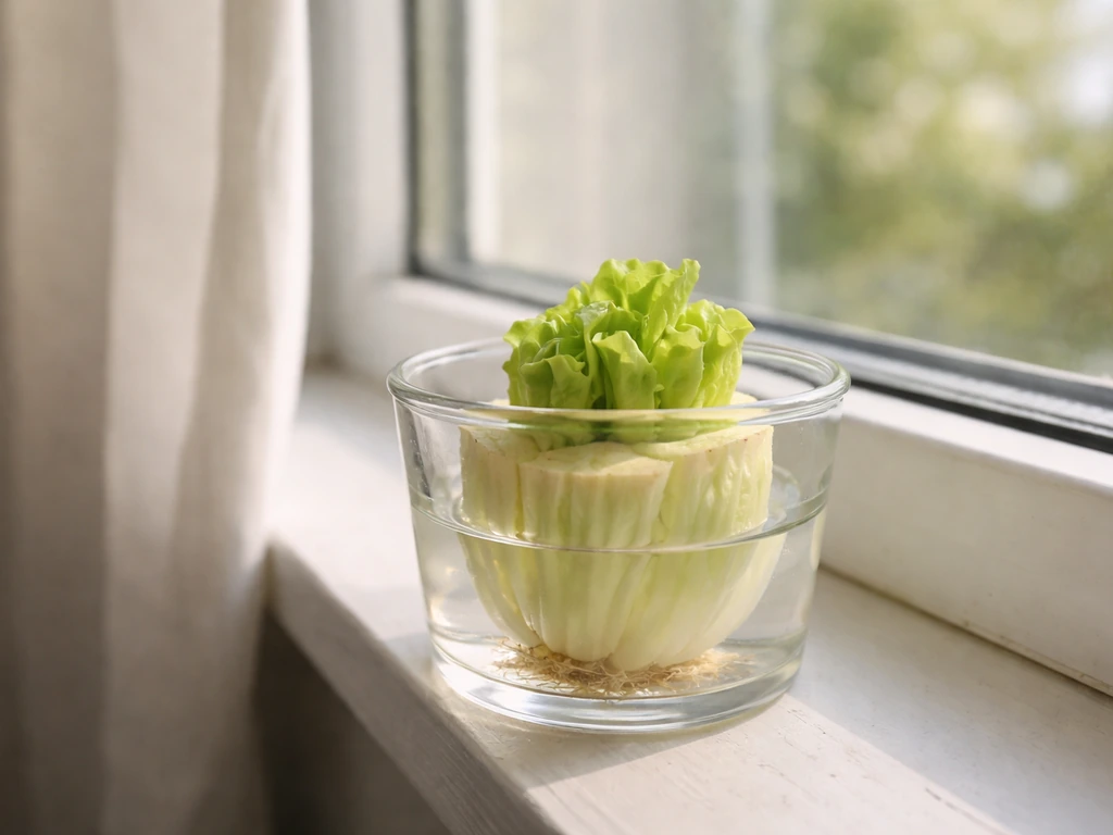 Lettuce scrap regrowing in a small pot beside a south-facing window, close to the glass.