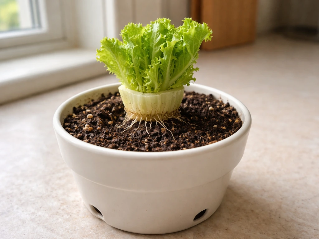 Lettuce scrap base with visible roots planted in a small drainage pot, crown kept above soil.