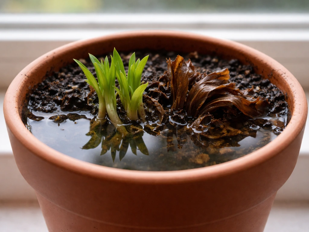 Potted plant showing healthy new green regrowth next to browning leaves from waterlogged crown