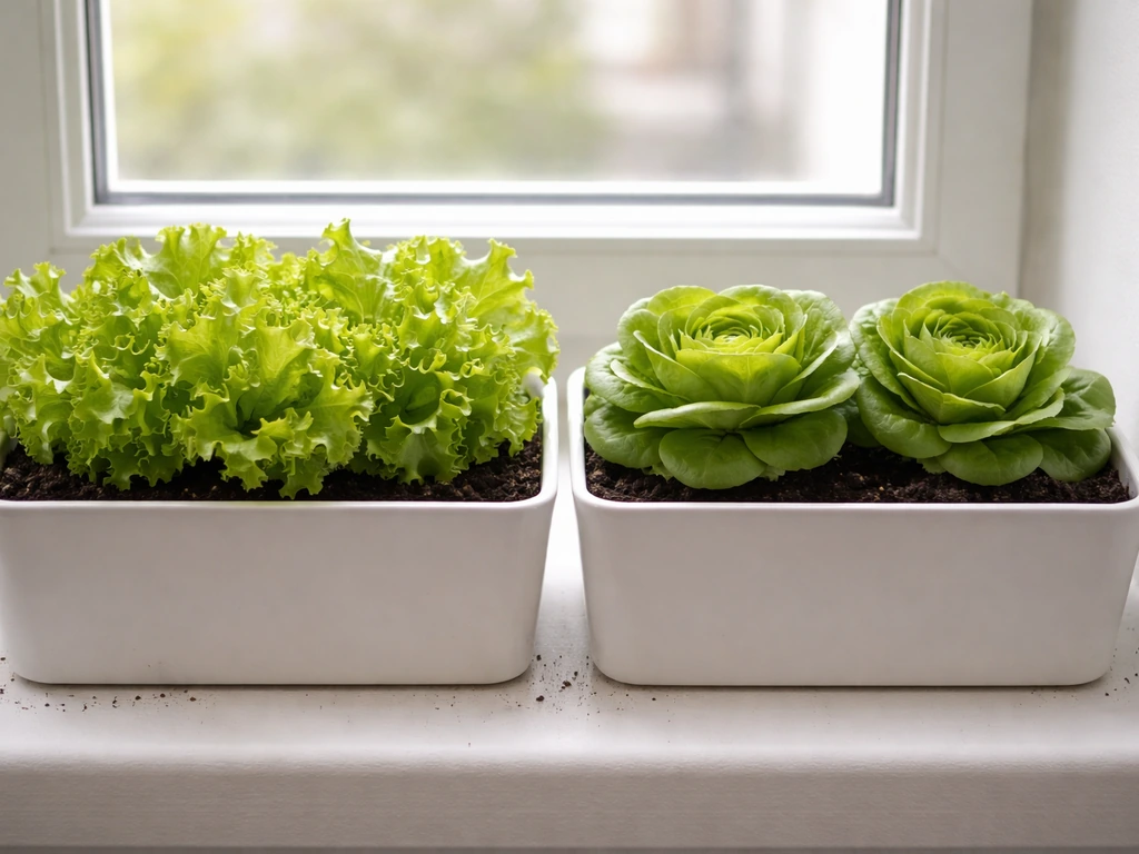 Two indoor containers showing leaf lettuce and head lettuce side by side in natural light